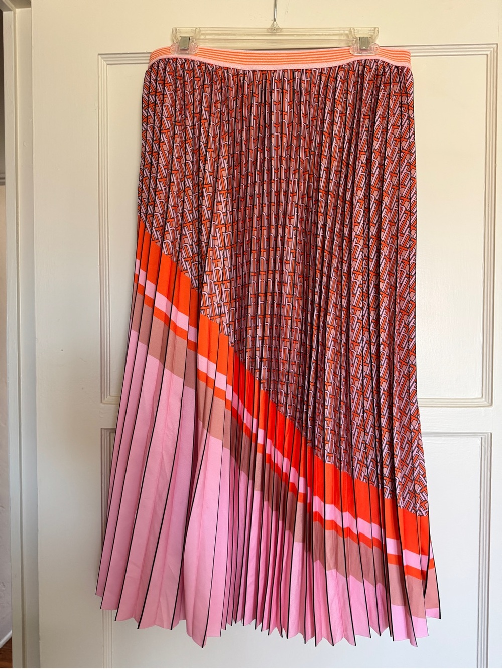 Eva Mendez Pleated Colorblock Midi Skirt in Pink and Orange